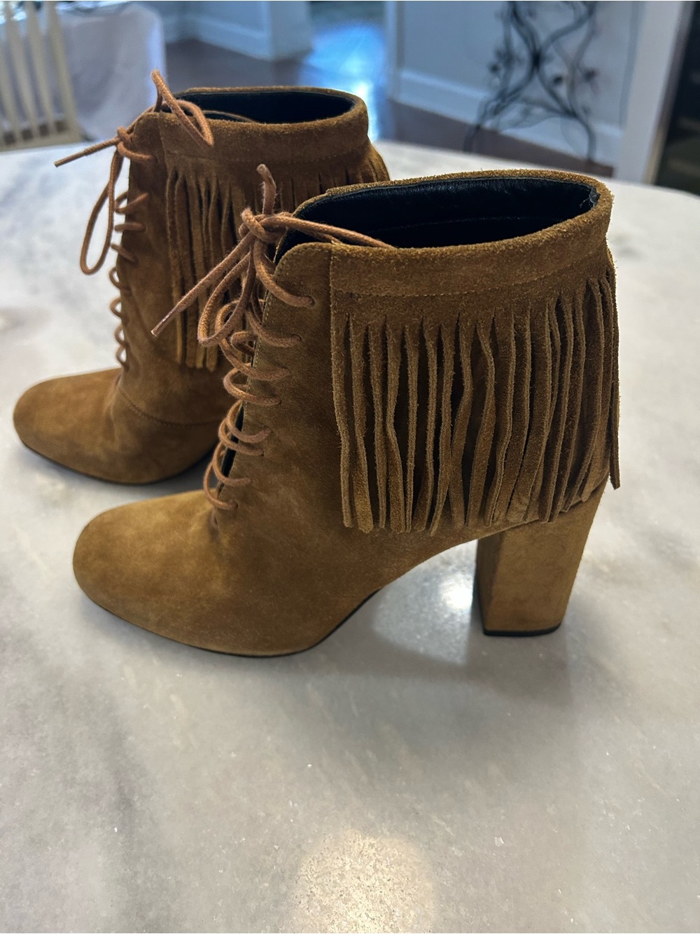 Saint Laurent Brown Suede Lace-Up Ankle Boots with Fringe - Picture 3 of 9